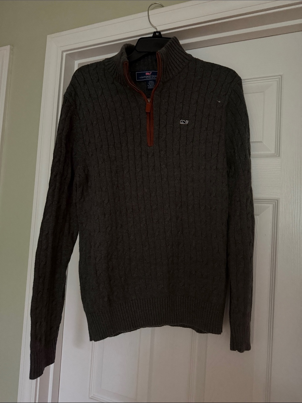 Vineyard Vines Men's Cable Half-Zip Sweater - Olive Green with Brown Trim